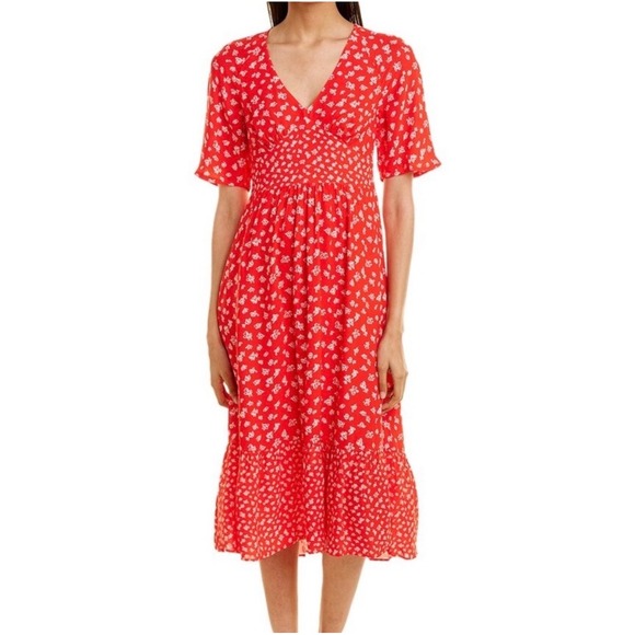 French Connection Dresses & Skirts - French Connection Red Floral V-Neck Midi Dress Empire Waist Ruffle Hem Size 6